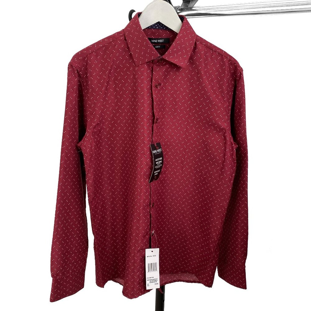 Nine West Men's Red Geoprint Collar Button Down Dress Shirt - Size L & M